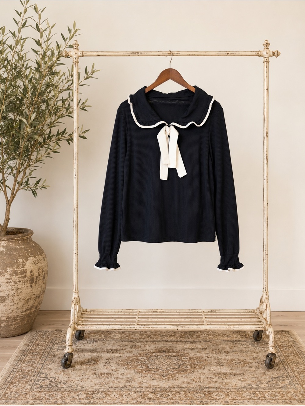 Navy Ruffled Sailor Top with Cream Tie